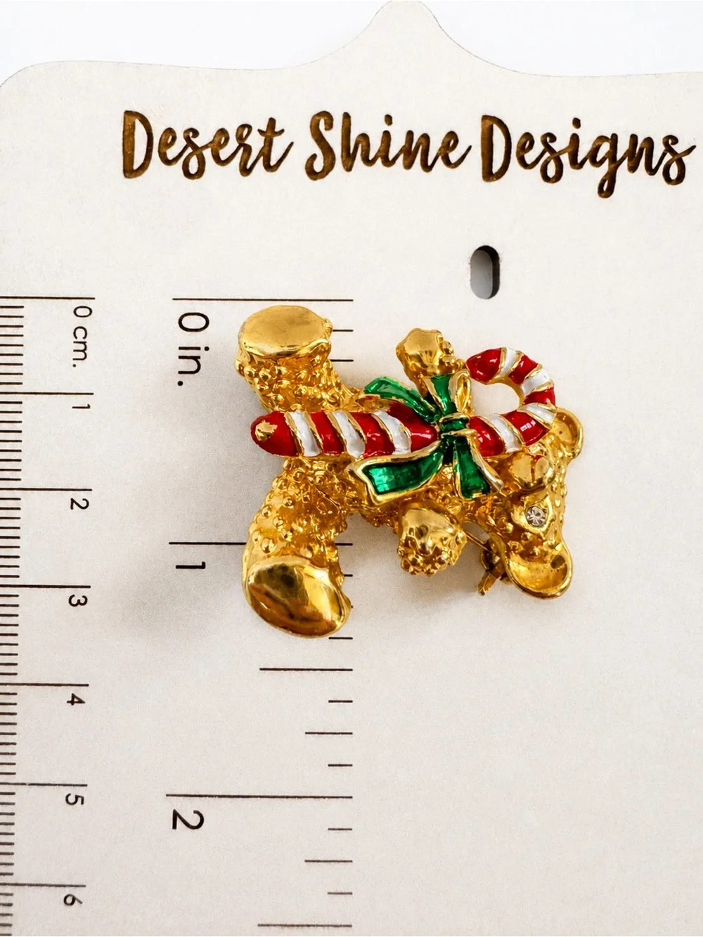 Vintage Gold Tone Teddy Bear Christmas Brooch Pin Candy Cane Holiday Rhinestones